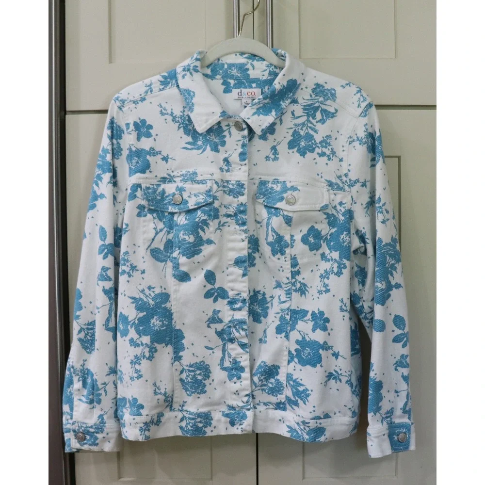 Denim & Co Summer Teal & White Twill Jean Jacket Large